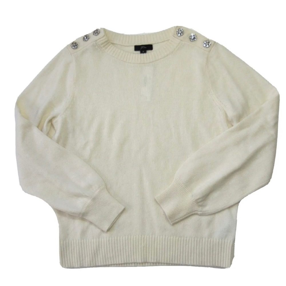 NWT J.Crew Crewneck Sweater in Natural Jeweled Buttons Lambswool Pullover Small